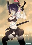  black_bra black_gloves black_legwear black_panties bra breasts eyepatch gloves headgear highres kantai_collection large_breasts left-handed naitou_ryuu over_shoulder panties purple_hair scabbard sheath short_hair skirt smirk solo sword tenryuu_(kantai_collection) thighhighs torn_clothes underwear weapon weapon_over_shoulder yellow_eyes 