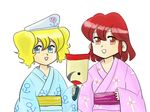  aqua_eyes blonde_hair blush_stickers brown_eyes dai3wakusei hat japanese_clothes kimono kitashirakawa_chiyuri mimi-chan multiple_girls obi okazaki_yumemi red_hair sailor_hat sash short_hair takemoto_izumi_(style) touhou touhou_(pc-98) twintails yukata 