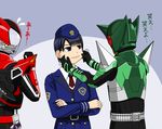  armor black_hair commentary_request hat helmet kamen_rider kamen_rider_drive kamen_rider_drive_(series) kamen_rider_kabuto_(series) kamen_rider_kick_hopper mask police police_uniform policewoman redol shift_car shijima_kiriko short_hair translated uniform 