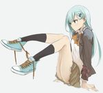  alternate_footwear aqua_hair green_eyes hair_ornament hairclip jacket kantai_collection long_hair open_clothes open_jacket ree_(re-19) shoelaces shoes shoes_tied_together solo suzuya_(kantai_collection) uniform 