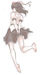  arms_behind_back barefoot blush feet full_body highres kuro_suto_sukii legs_up looking_at_viewer looking_back monochrome shameimaru_aya short_hair simple_background sketch skirt solo touhou white_background 