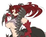  bloodress_(t.a.k.) breasts elbow_gloves gloves hand_on_hip large_breasts long_hair original red_eyes red_hair simple_background smile solo t.a.k. underboob white_background 