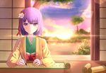  :o hair_ornament hairclip hieda_no_akyuu highres japanese_clothes kimono lens_flare pen purple_eyes purple_hair scroll short_hair sunlight touhou twilight ucukrtz writing 