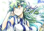  bare_shoulders blush detached_sleeves frog_hair_ornament green_hair hair_ornament hair_tubes kochiya_sanae long_hair snake solo takana_shinno touhou wind yellow_eyes 