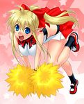  blonde_hair blue_eyes breast_squeeze breasts cheerleader chia_hagemasky full_body high_ponytail kengou large_breasts long_hair open_mouth original pointy_ears pom_poms ponytail shoes sidelocks sneakers solo star starry_background v_arms 