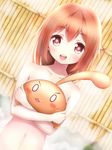  brown_hair covering covering_breasts jihanki_(kunicho_gt) looking_at_viewer ole_tower onsen open_mouth rammer_(ole_tower) short_hair slime solo steam 