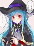  bad_id bad_pixiv_id blindfold blue_hair blush capelet chestnut_mouth hat holding ikeuchi_tanuma long_hair long_sleeves ole_tower open_mouth partially_translated red_eyes solo spanner_(ole_tower) spanner_m36_(ole_tower) speech_bubble translation_request witch_hat 
