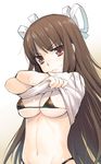  bikini brown_eyes brown_hair hair_ribbon highres hiyou_(kantai_collection) kantai_collection long_hair ribbon solo swimsuit twintails undressing upper_body white_ribbon yaya_hinata 