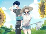  1girl black_hair brown_hair butterfly_net closed_eyes flower hand_net hat kanzaki_shiori kirisame_ga_furu_mori long_hair natsumi_(ragtime) short_hair smile suga_koutarou sun_hat sunflower 