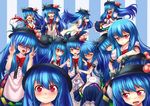  &gt;_&lt; anger_vein bad_id bad_pixiv_id blood bloomers blue_hair blush bow closed_eyes double_v food fourth_wall fruit hat hat_removed head_under_skirt headwear_removed hinanawi_tenshi jitome leaning_on_person looking_at_viewer maru_daizu_(aqua6233) multiple_girls multiple_persona no_hat no_headwear no_pants open_mouth peach pink_eyes pose puffy_short_sleeves puffy_sleeves shirt short_sleeves skirt smile sweatdrop sword_of_hisou tongue tongue_out touhou underwear v v_arms 