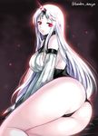  ass black_panties breasts claws detached_sleeves dress horn kantai_collection large_breasts long_hair looking_at_viewer mafuyu pale_skin panties red_eyes ribbed_dress seaport_hime shinkaisei-kan short_dress sideboob solo thighs twitter_username underwear white_hair 