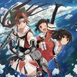  3girls ;d absurdres album_cover black_hair bob_(biyonbiyon) brown_eyes brown_hair cloud cover day grin highres jintsuu_(kantai_collection) kantai_collection multiple_girls naka_(kantai_collection) number official_art one_eye_closed open_mouth remodel_(kantai_collection) ribbon scan sendai_(kantai_collection) smile turret uniform v-shaped_eyebrows 