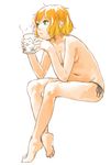  barefoot blonde_hair breasts cup downscaled full_body green_eyes highres md5_mismatch medium_breasts midriff mizuhashi_parsee mug navel nishiuri panties parted_lips pointy_ears resized short_hair side-tie_panties simple_background sitting sketch solo topless touhou underwear underwear_only white_background 