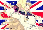  adjusting_hair blonde_hair blue_eyes blue_hairband blush bthx cecilia_alcott flag_background hairband hand_on_hip highres infinite_stratos long_hair open_mouth school_uniform solo union_jack 