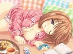  aoi_akua awake blue_eyes blush book breasts brown_hair doughnut drooling food komaki_manaka looking_at_viewer lying medium_breasts nipples on_side one_eye_closed pajamas panties pantyshot pantyshot_(lying) pon_de_ring saliva short_hair solo tea to_heart_2 underwear white_panties 