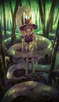  91_(968087) bad_id bad_pixiv_id bamboo bamboo_forest blonde_hair dappled_sunlight detached_sleeves forest hair_ribbon hands_in_opposite_sleeves hands_together hat looking_at_viewer mishaguji moriya_suwako nature outdoors ribbon serious snake solo standing sunlight thighhighs touhou turtleneck white_legwear yellow_eyes 