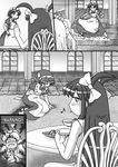  4koma @ @_@ apron arm_support asphyxiation bow chair choking clenched_hands comic commentary cookie coru cuey_c_lops cup food gloves greyscale hair_bow hair_ribbon hand_up highres maid maid_apron maid_headdress mary_janes monochrome motion_lines multiple_girls musical_note original pillar puffy_short_sleeves puffy_sleeves rakurakutei_ramen ran_straherz ribbon saucer shoes short_sleeves sign silent_comic sitting sliding sweat sweatdrop table teacup tears tile_floor tiles tongue tongue_out trembling two_side_up warning_sign whistling yokozuwari 