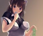  blush breasts brown_hair condom condom_in_mouth condom_packet_strip condom_wrapper covered_nipples heart highres impossible_clothes large_breasts looking_at_viewer maid maid_headdress mouth_hold original purple_eyes solo upper_body zi_(mumei) 