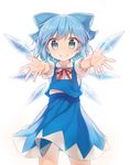  bad_id bad_twitter_id blue_dress blue_eyes blue_hair bow cirno dress hair_ornament hair_ribbon highres ice ice_wings incoming_hug looking_at_viewer outstretched_arms puffy_sleeves ribbon shinoba short_sleeves simple_background smile solo touhou white_background wings 