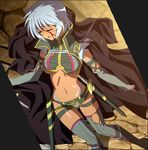  1girl blood blue_hair blush breasts dagger dark_skin eyes_closed highres irma large_breasts lying open_mouth panties queen&#039;s_blade queen's_blade queen's_blade_vanquished_queens screencap short_hair stitched torn_clothes underwear weapon 