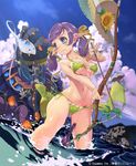  arrow bikini blue_eyes bow_(weapon) cloud day flower green_bikini hair_ribbon hat hat_flower hat_removed headwear_removed navel pointy_ears purple_hair ribbon see-through shingeki_no_bahamut side-tie_bikini sky solo straw_hat sunflower swimsuit tanaka_noel twintails wading weapon 