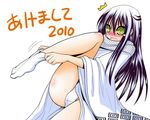  1girl 2010 blue_hair blush dressing embarrassed female green_eyes hasemi_ryou legs long_hair nurarihyon_no_mago open_mouth panties simple_background socks solo translated underwear white_background white_hair white_legwear white_panties white_socks yuki_onna_(nurarihyon_no_mago) 