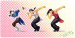  2boys baggy_pants baseball_cap boots bracelet braid bridal_gauntlets brothers brown_hair cap capcom chinese_clothes chun-li clenched_hand dancing f-15jrs fist gradient gradient_background hair_ornament hat jewelry multiple_boys pants pantyhose polka_dot polka_dot_background puffy_short_sleeves puffy_sleeves shoes short_sleeves siblings single_braid sneakers spiked_hair street_fighter street_fighter_iii studded_bracelet sweatdrop trio twins white_boots yang_lee yun_lee 