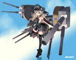  bismarck_(kantai_collection) blonde_hair blue_eyes breasts gloves hat kantai_collection large_breasts long_hair military military_hat naitou_ryuu peaked_cap sky solo standing standing_on_liquid standing_on_one_leg thighhighs twitter_username 