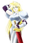  amakasu arm_behind_head armor blonde_hair blue_eyes breastplate breasts bridal_gauntlets corset elbow_gloves gloves janne_d'arc lipstick long_hair makeup pantyhose pauldrons sheath sheathed smile snk solo standing sword tabard vambraces weapon world_heroes 