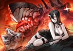  bare_arms battleship_hime black_dress black_nails breasts cleavage collar dress fire horns kantai_collection large_breasts looking_at_viewer nail_polish oni_horns pale_skin patipat_asavasena red_eyes shinkaisei-kan short_dress smile solo thigh_strap tongue tongue_out wristband 