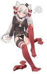  amatsukaze_(kantai_collection) arm_support black_panties blush brown_dress brown_eyes choker ddal dress frown full_body garter_straps hair_tubes hand_on_own_knee headgear high_heels highres kantai_collection leg_up long_hair long_sleeves looking_at_viewer md5_mismatch panties red_footwear red_legwear sailor_collar sailor_dress shoes shoes_removed silver_hair simple_background sitting solo spiral striped striped_legwear thighhighs two_side_up underwear white_background 
