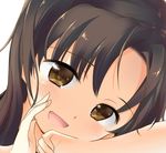  ayanami_(kantai_collection) bangs bare_arms blush brown_eyes brown_hair close-up commentary covering_mouth eyebrows_visible_through_hair face hair_intakes hand_to_own_mouth hand_up head_rest head_tilt highres kantai_collection looking_at_viewer open_mouth parted_bangs shiny shiny_hair smile solo umakuchi_shouyu whispering white_background 