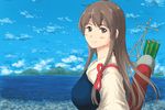  akagi_(kantai_collection) blush brown_eyes brown_hair kantai_collection long_hair looking_at_viewer looking_to_the_side muneate ocean quiver smile solo tasuki upper_body vent_arbre 