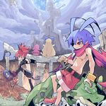  2girls antenna_hair belt black_legwear black_skirt blonde_hair blue_hair bracelet castle demon_girl disgaea dragon_(disgaea) earrings etna flonne gloves jewelry laharl long_hair makai_senki_disgaea multiple_girls pointy_ears polearm prinny red_eyes red_hair red_shorts scarf shirtless shoes short_hair shorts sitting skirt spear sutores741 thighhighs weapon wings 