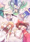  apron aqua_eyes bad_id bad_pixiv_id blonde_hair bow breasts brown_hair clenched_hand closed_eyes detached_sleeves gohei green_eyes green_hair hair_bow hair_ornament hair_tubes hakurei_reimu hand_on_own_stomach hat highres hopepe izayoi_sakuya katana kirisame_marisa kochiya_sanae konpaku_youmu long_hair looking_at_viewer lying maid_apron maid_headdress medium_breasts midriff multiple_girls navel neck_ribbon no_hat no_headwear on_back on_side open_mouth puffy_short_sleeves puffy_sleeves red_eyes ribbon sarashi sheath sheathed short_sleeves silver_hair skirt skirt_set smile snake_hair_ornament sword touhou upside-down weapon wide_sleeves yellow_eyes 