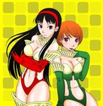  2girls alternate_costume amagi_yukiko bare_shoulders black_hair breasts cleavage hairband high-cut_armor highres long_gloves long_hair looking_at_viewer midriff multiple_girls navel persona persona_4 satonaka_chie short_hair suspenders thighhighs tongue tongue_out 