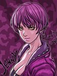  bloody_roar breasts character_name cleavage copyright_name haji_(haj06200) hood hood_down jenny_burtory large_breasts light_smile lips purple_hair short_hair solo yellow_eyes 