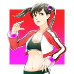  alternate_costume bangle black_hair bracelet breasts brown_eyes cleavage cropped_jacket fighting_stance groin jacket jewelry joe_(milkcrown) ling_xiaoyu long_hair midriff navel open_clothes open_jacket scrunchie small_breasts solo sports_bra stomach tekken track_jacket twintails 