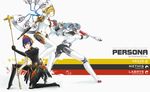  3girls absurdres aegis_(persona) android ass atlus axe blonde_hair blue_eyes blue_hair bow breasts dualsaber expressionless female from_behind gun headphones highres huge_weapon labrys long_hair looking_at_viewer medium_breasts megami_tensei metis multiple_girls parted_lips persona persona_3 persona_4 persona_4:_the_ultimate_in_mayonaka_arena polearm ponytail red_eyes robot_joints school_uniform shin_megami_tensei skirt small_breasts smile weapon 
