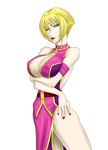  armband bare_shoulders belt blonde_hair bloody_roar breasts center_opening cleavage crossed_arms dress eyeshadow flipped_hair green_eyes jenny_burtory large_breasts lipstick long_dress makeup ml nail_polish short_hair side_slit solo 
