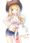  apple applejack bangs belt blonde_hair breasts character_name cleavage collarbone contrapposto cowboy_hat cowboy_shot denim denim_shorts emia_wang food front-tie_top fruit green_eyes hand_on_hip hat holding holding_food holding_fruit large_breasts leaning_forward long_hair looking_at_viewer low-tied_long_hair midriff my_little_pony my_little_pony_friendship_is_magic navel one_eye_closed personification pointy_ears shiny shiny_hair shiny_skin shirt short_shorts shorts sidelocks simple_background sleeveless sleeves_rolled_up smile solo standing star swept_bangs tareme tied_shirt tongue tongue_out white_background 