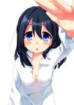  :o black_hair blue_eyes blush breasts cleavage hinayuki_won kurimochi_chizuru long_hair looking_at_viewer medium_breasts original simple_background solo white_background 