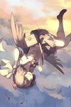  bag black_hair black_legwear black_wings cloud feathers hat hillly_(maiwetea) looking_at_viewer open_mouth red_eyes revision shameimaru_aya short_hair skirt smile socks solo tokin_hat touhou upside-down wings 