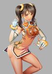  bad_id bad_pixiv_id black_hair bracelet breasts brown_eyes china_dress chinese_clothes dress elbow_gloves eyes fingerless_gloves gloves grey_background highres jewelry ling_xiaoyu lips long_hair m_september making_of nose orange_shirt scrunchie shirt short_dress side_slit small_breasts smile solo tekken twintails 