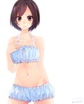  3: bare_arms bare_shoulders blush brown_eyes brown_hair cinderella_bust collarbone cowboy_shot frills frown halter_top halterneck hand_on_own_chest highres looking_at_viewer navel original short_hair simple_background sleeveless solo standing stomach underwear underwear_only wakatsuki_you white_background 