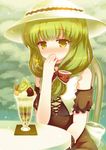  23_(candy_chapus) adapted_costume alternate_color bangs bare_shoulders blush bow chair covering_mouth dress food front_ponytail green_eyes green_hair hair_bow hair_ribbon hand_over_own_mouth hat ice_cream kagiyama_hina light_particles long_hair looking_at_viewer off_shoulder parfait pov_across_table puffy_short_sleeves puffy_sleeves red_dress ribbon short_sleeves sitting solo sun_hat table touhou upper_body 
