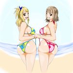  2girls artist_request ass bare_shoulders bikini blonde_hair breasts brown_eyes brown_hair crossover elie fairy_tail from_behind grin hair_ribbon large_breasts long_hair looking_at_viewer looking_back lucy_heartfilia multiple_girls open_mouth panties rave ribbon shiny shiny_skin short_hair side_ponytail smile swimsuit underwear wink 