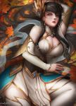  1girl arm_up armor bangs bare_shoulders black_hair blue_eyes blush braid breasts cleavage dated detached_sleeves earrings hair_ornament hair_over_shoulder head_on_arm highres irelia jewelry kaze_no_gyouja large_breasts league_of_legends long_hair long_sleeves looking_at_viewer lying on_side open_mouth red_lips sidelocks signature solo thighhighs twin_braids very_long_hair weapon white_legwear 