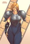  armor blonde_hair blue_eyes bodysuit breastplate breasts bridal_gauntlets highres janne_d'arc large_breasts lips long_hair nose pauldrons rennes smile snk solo vambraces world_heroes 