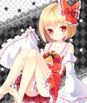  ascot bare_shoulders barefoot blonde_hair bow collarbone cosplay detached_sleeves hair_bow hakurei_reimu hakurei_reimu_(cosplay) hazakura_satsuki highres long_sleeves red_eyes rumia sarashi shirt side_slit skirt skirt_set smile solo star touhou upskirt wide_sleeves 